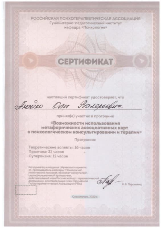 Сертификат об участии в программе Анайко Олег Валерьевич