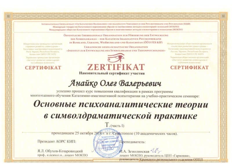 Сертификат пройденного курса Анайко Олег Валерьевич